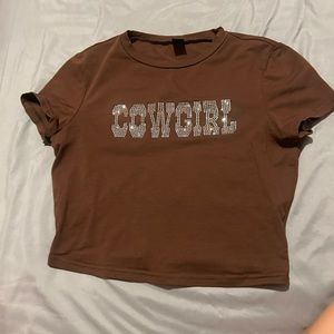 SHEIN Western Rhinestone Cowgirl Crop Tee (brown)